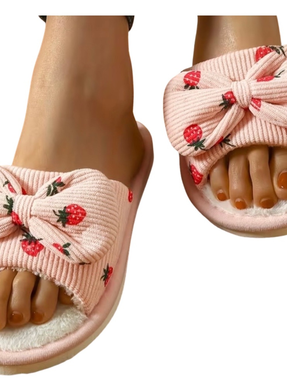 Pink Strawberry Print Bow Slippers - Picture 5 of 7